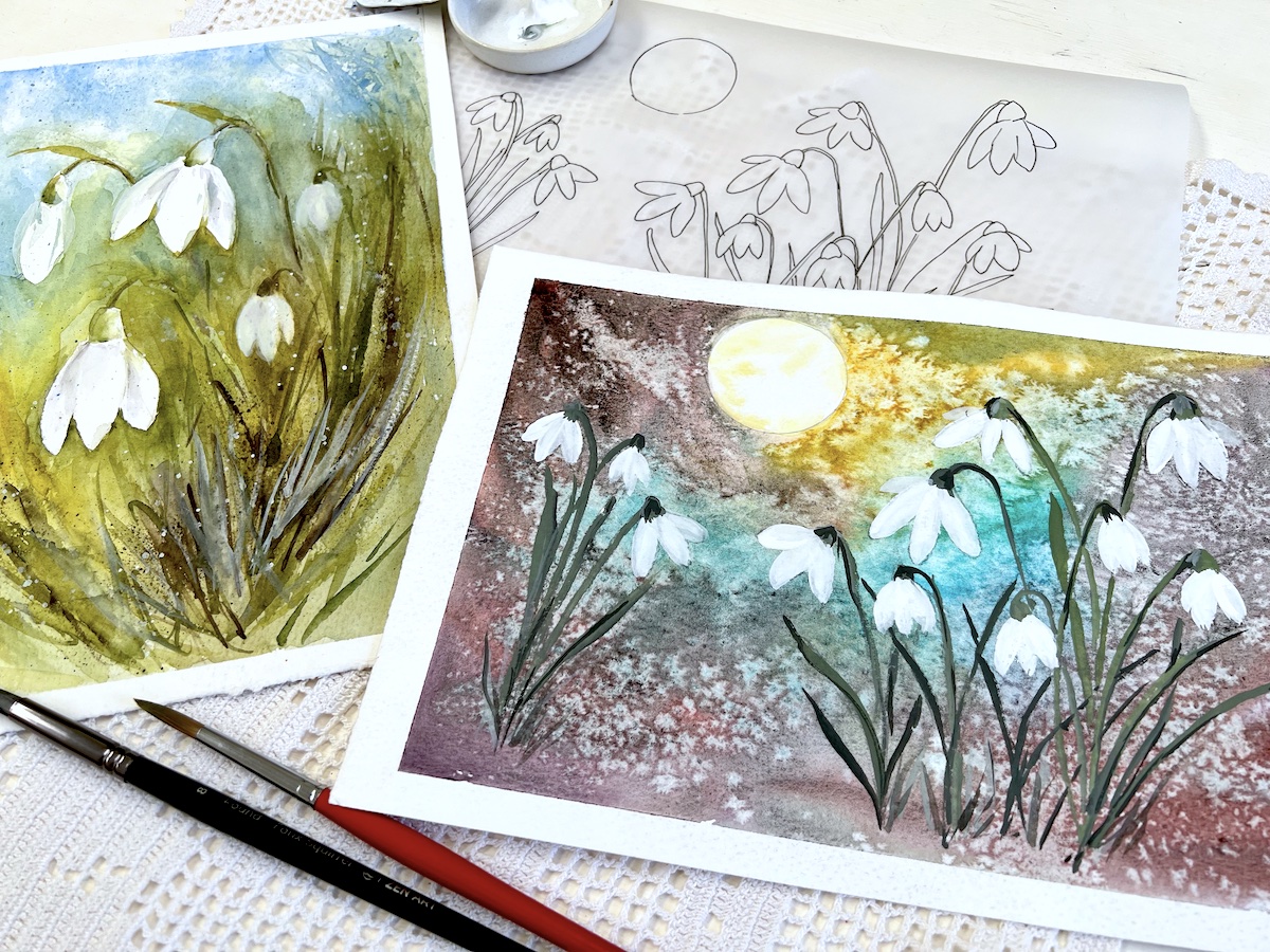 Moonlit Snowdrops in Watercolor