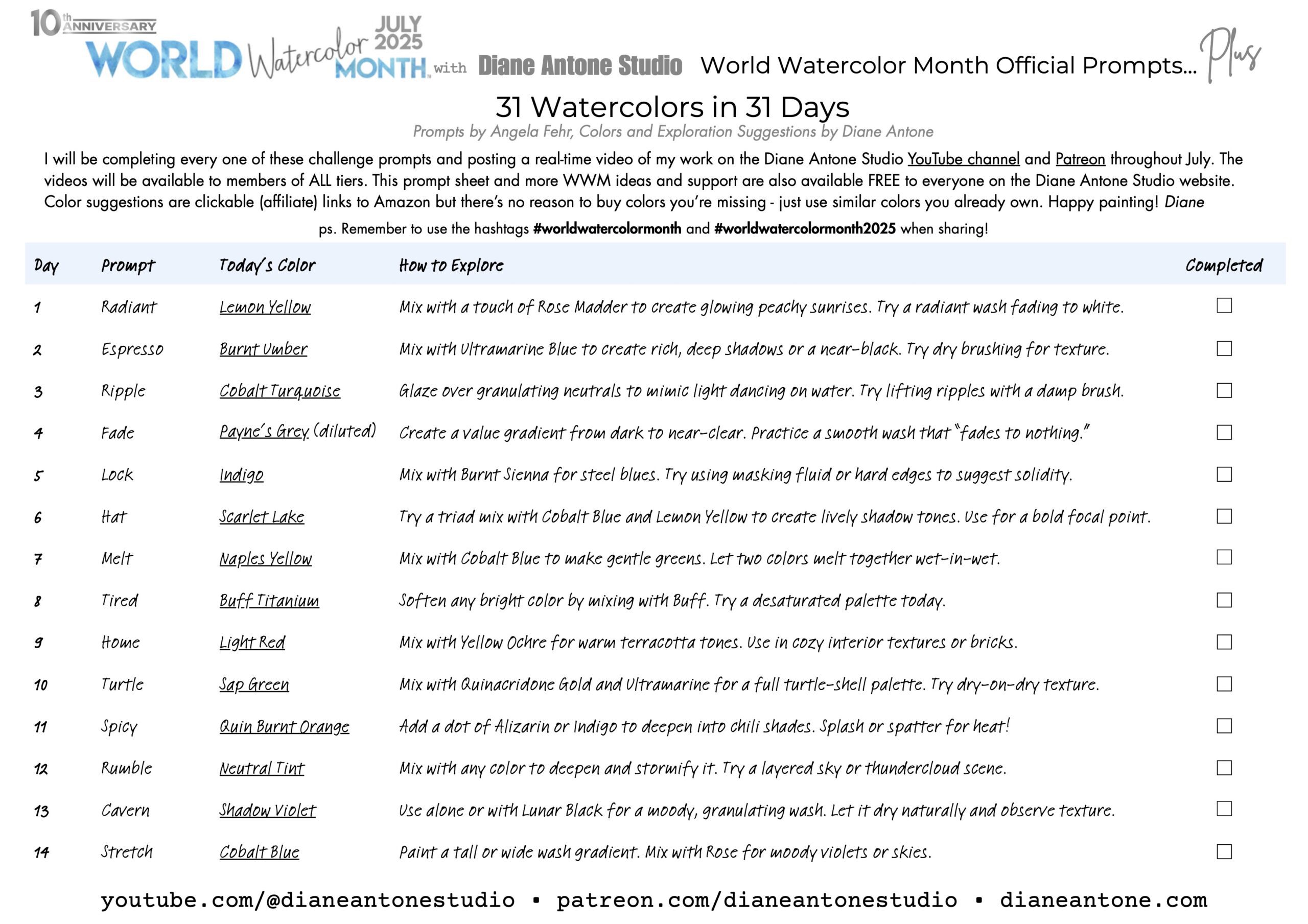 World Watercolor Month 2025 Prompt Sheet Diane Antone Studio
