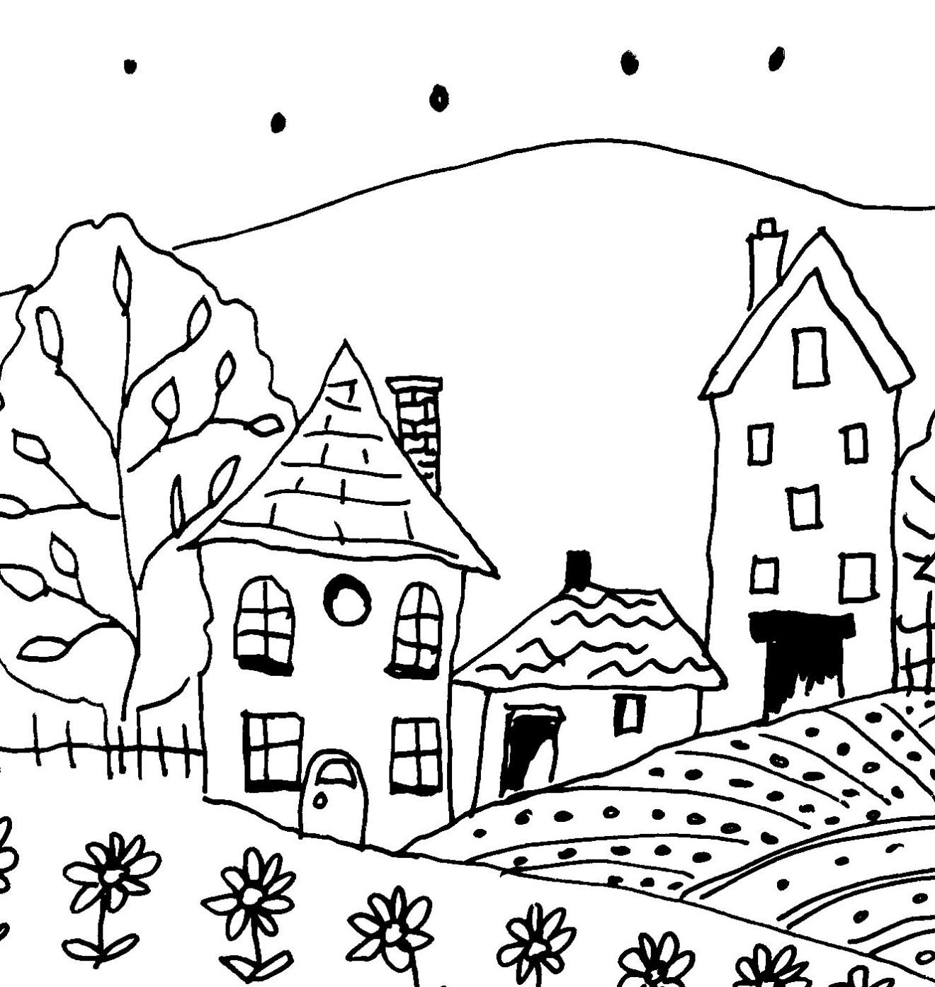 Whimsical Moonlit Village Sketch